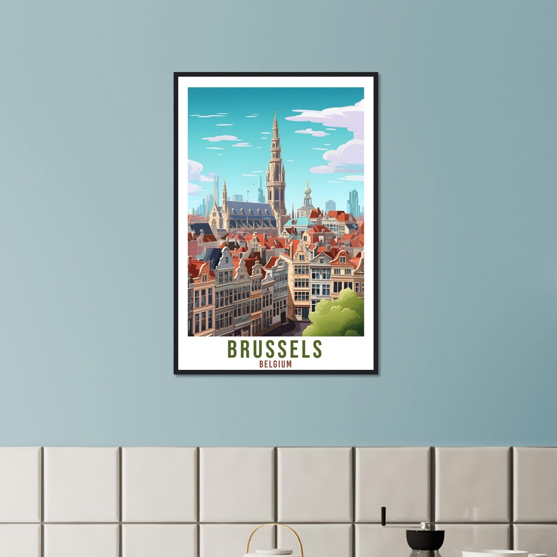 Brussels Belgium Rooftop Travel Poster Town Hall Spire Cityscape - Image 2