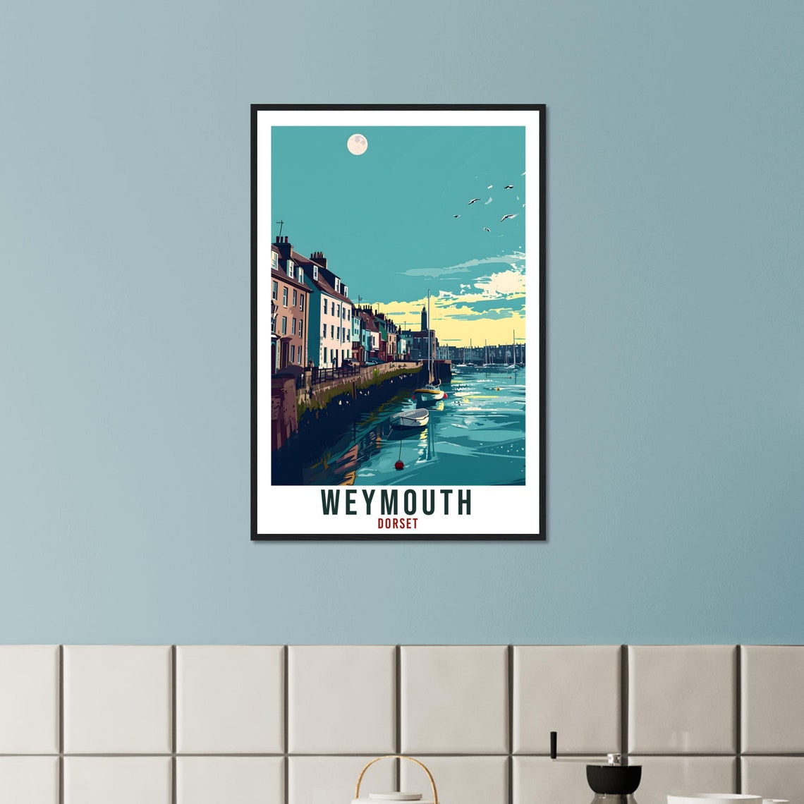 Weymouth Dorset Harbour Moonrise Boats Seaside Night Art Poster - Image 2