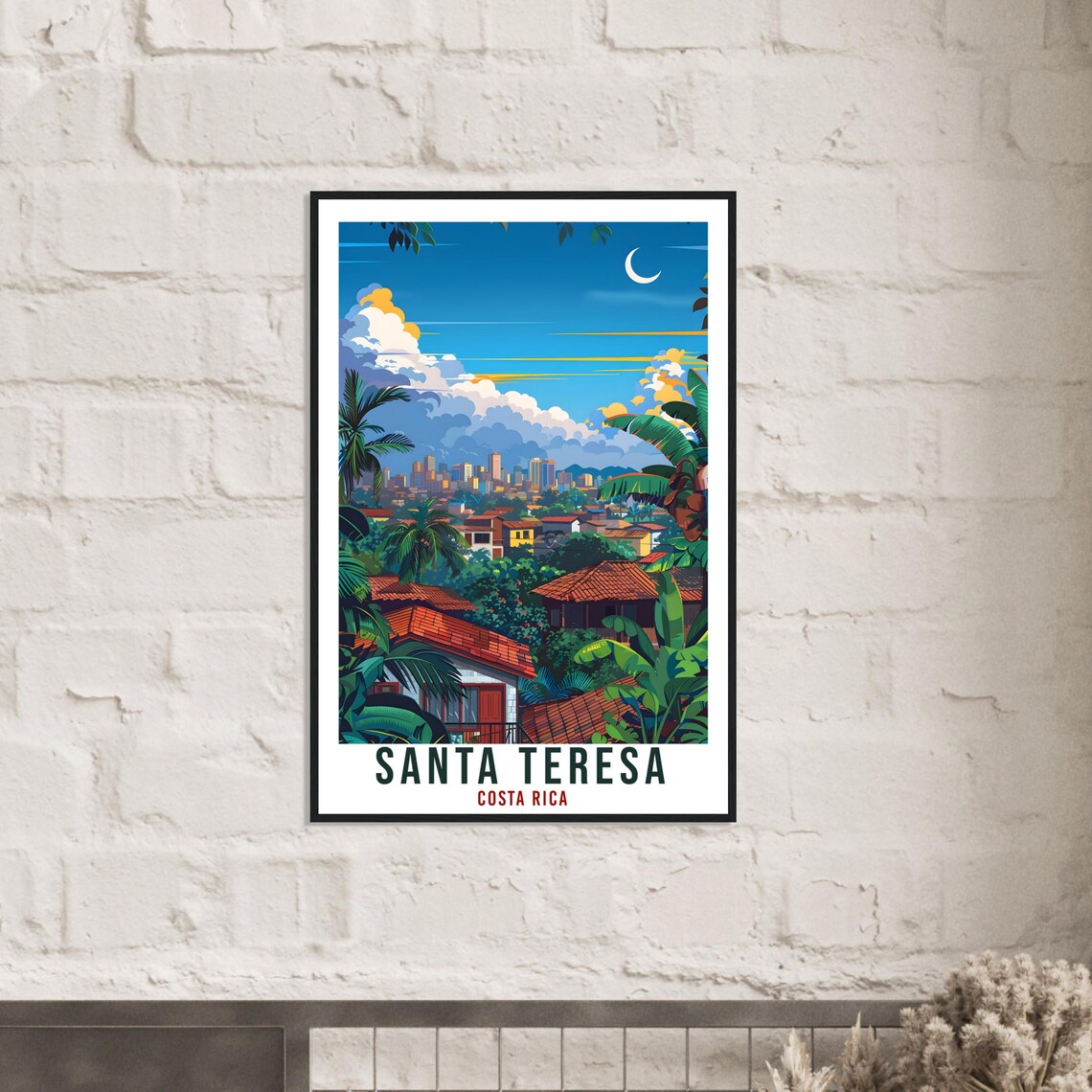 Santa Teresa Costa Rica Town Crescent Moon Palm Vintage Travel Poster - Image 3