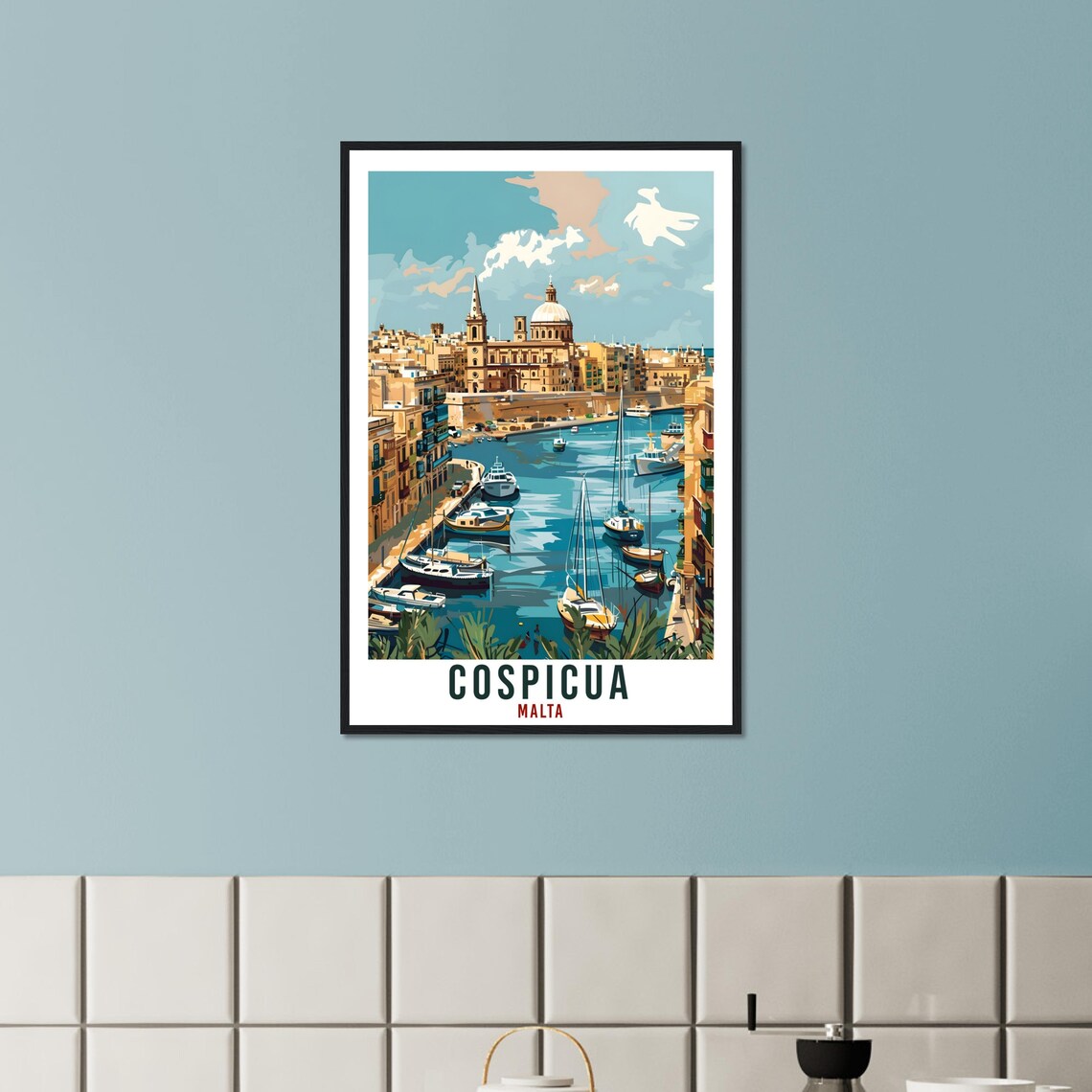 Cospicua Grand Harbour Sailboats Dome Church Malta Vintage Poster - Image 2