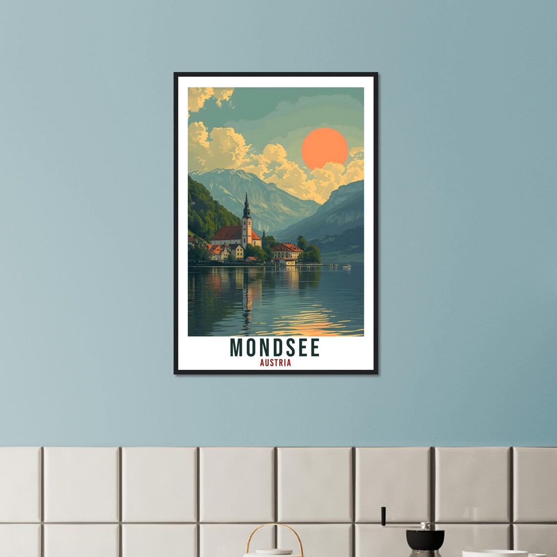 Mondsee Austria Vintage Travel Poster Lakeside Church Sunset View - Image 4