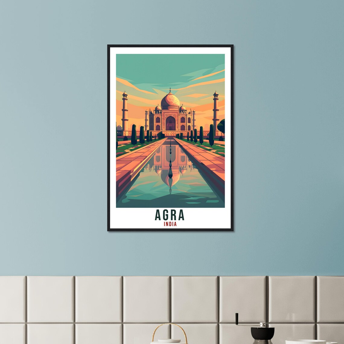 Agra India Taj Mahal Marble Reflection Golden Sunset Travel Poster - Image 2