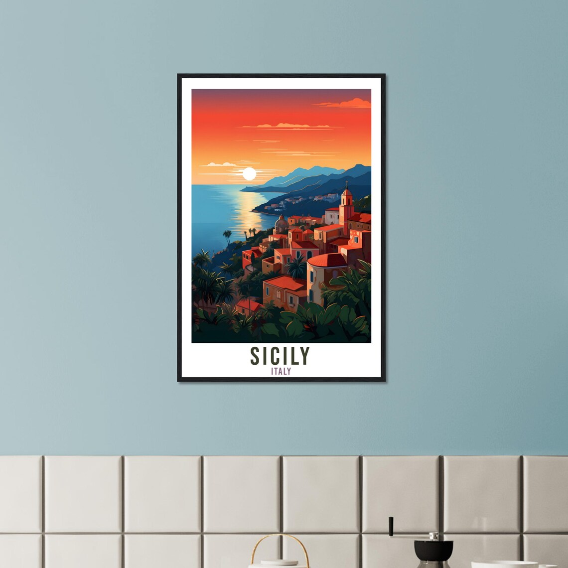 Sicily Italy Sunset Coast Travel Poster Mediterranean Village View - Image 3