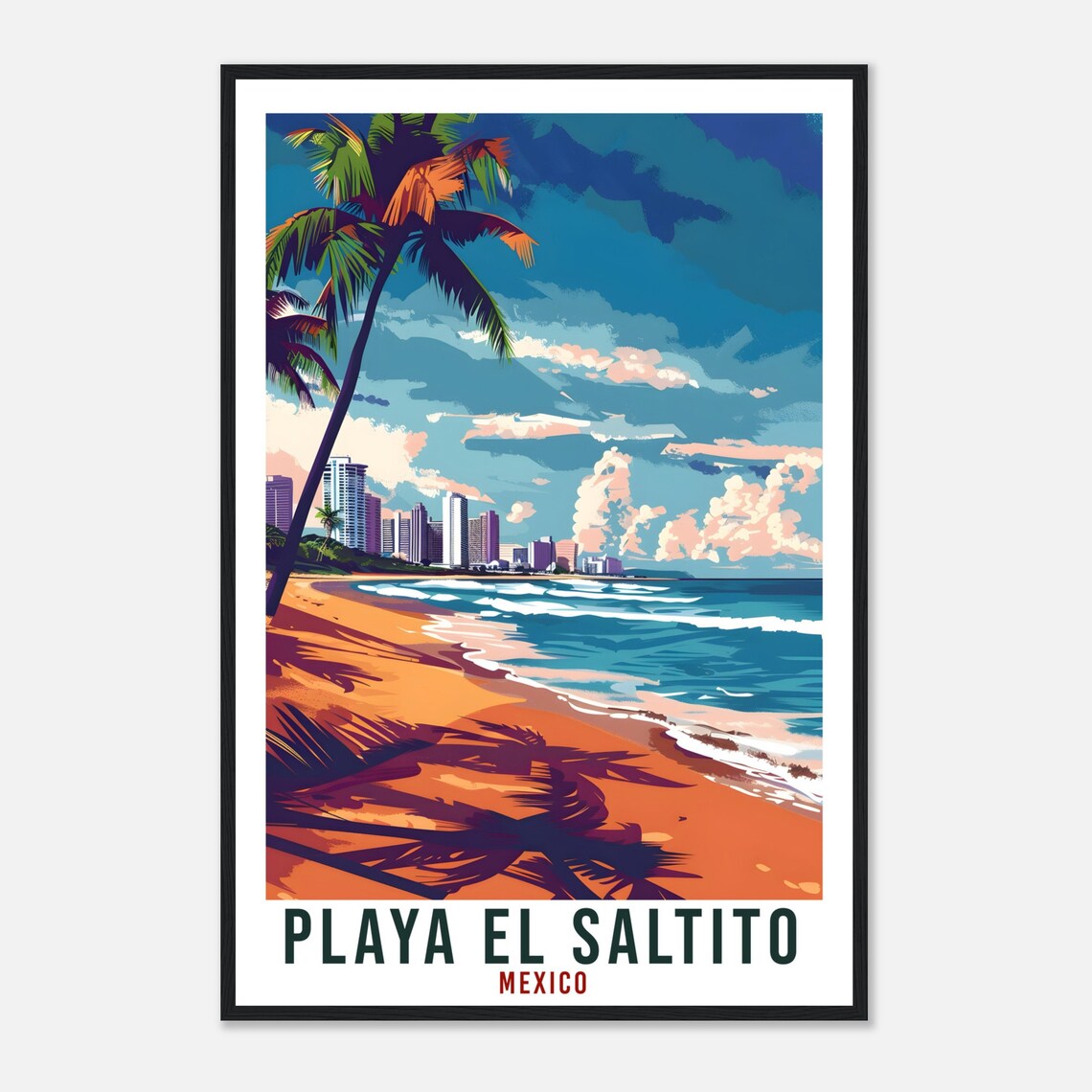 Playa El Saltito Mexico Golden Beach City Skyline Palm Shadow Art Poster - Image 4