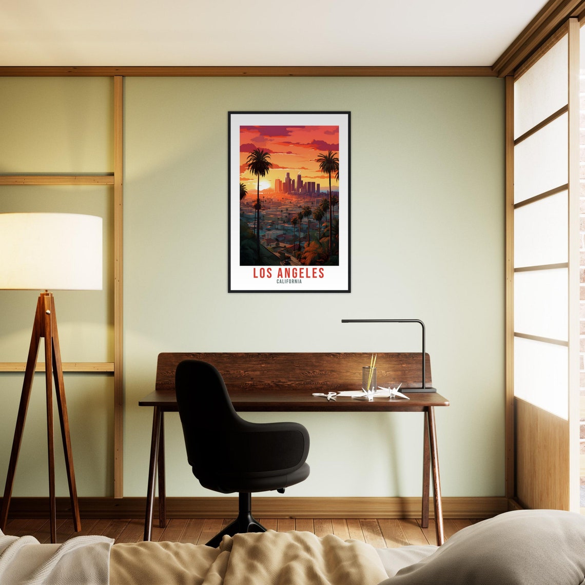 Los Angeles California Downtown Skyline Sunset Palm Trees Poster - Image 2