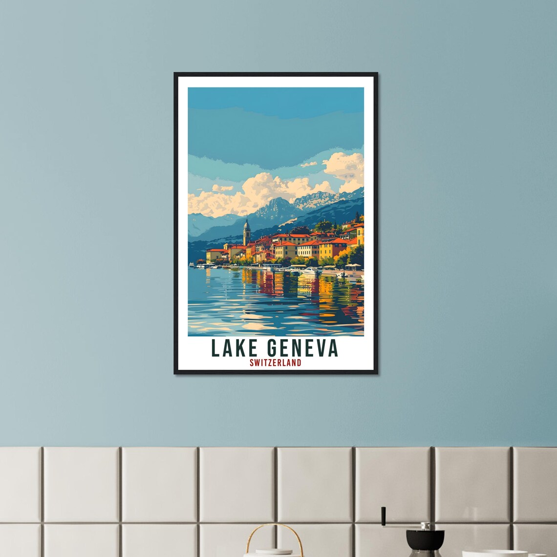 Lake Geneva Switzerland Lakeside Village Boat Reflections Poster - Image 3