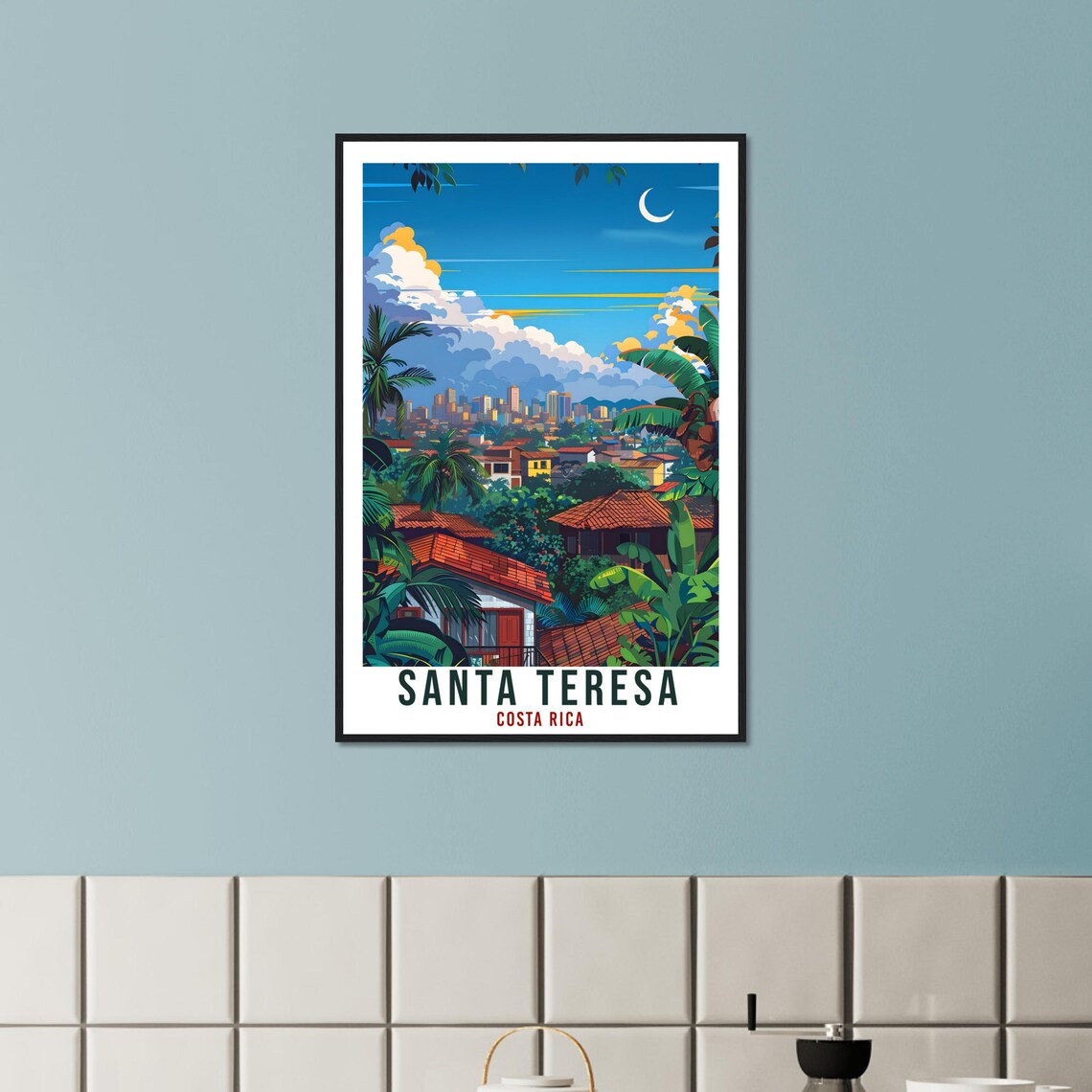 Santa Teresa Costa Rica Town Crescent Moon Palm Vintage Travel Poster - Image 2