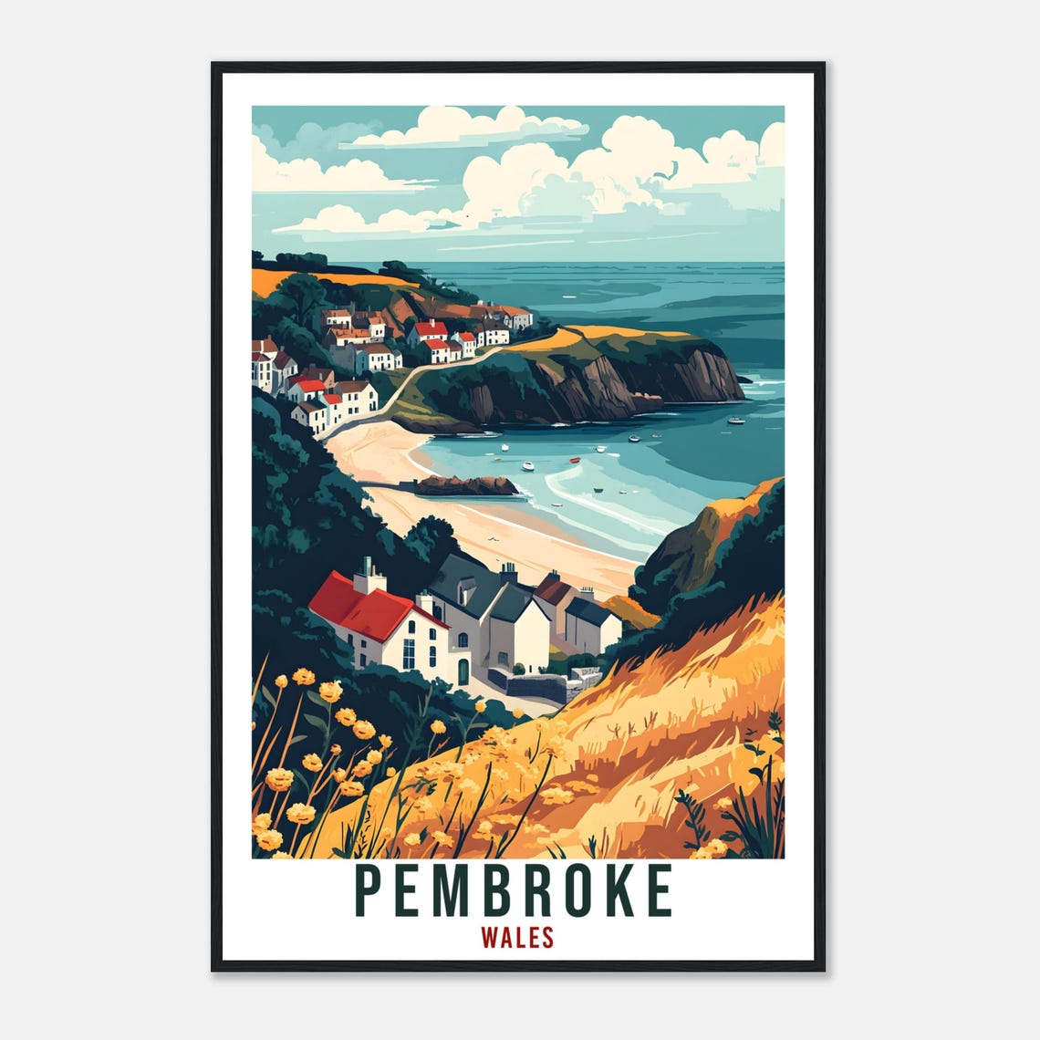 Pembroke Wales Coastal Harbor Cottages Cliffside Travel Poster - Image 4