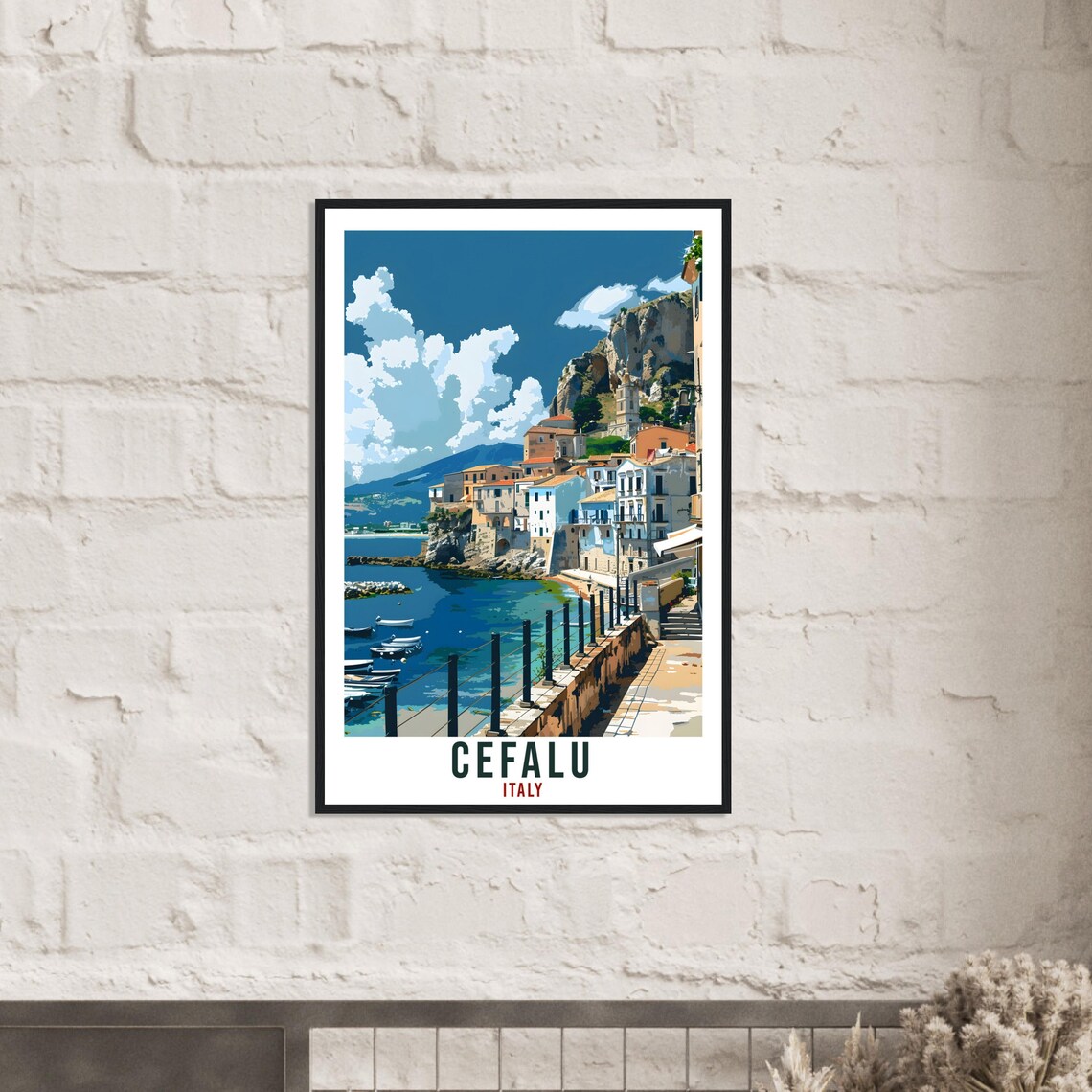 Cefalu Italy Coastal Cliff Town Illustrated Vintage Travel Poster - Image 3