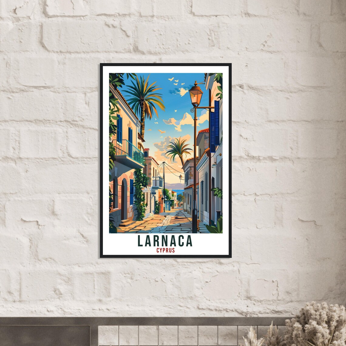 Larnaca Cyprus Shuttered Lane Streetlamp Palm Sky Travel Poster - Image 3