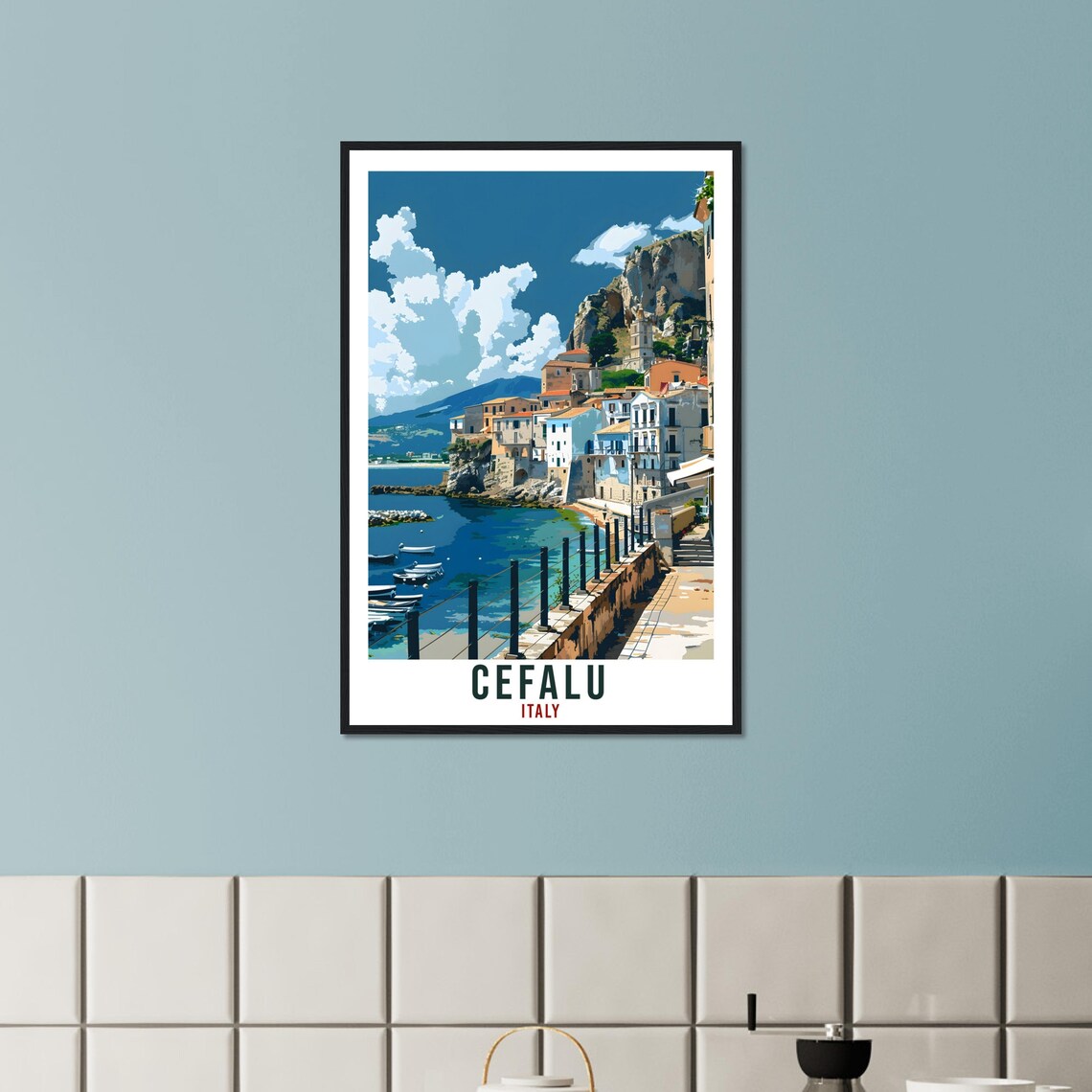 Cefalu Italy Coastal Cliff Town Illustrated Vintage Travel Poster - Image 2