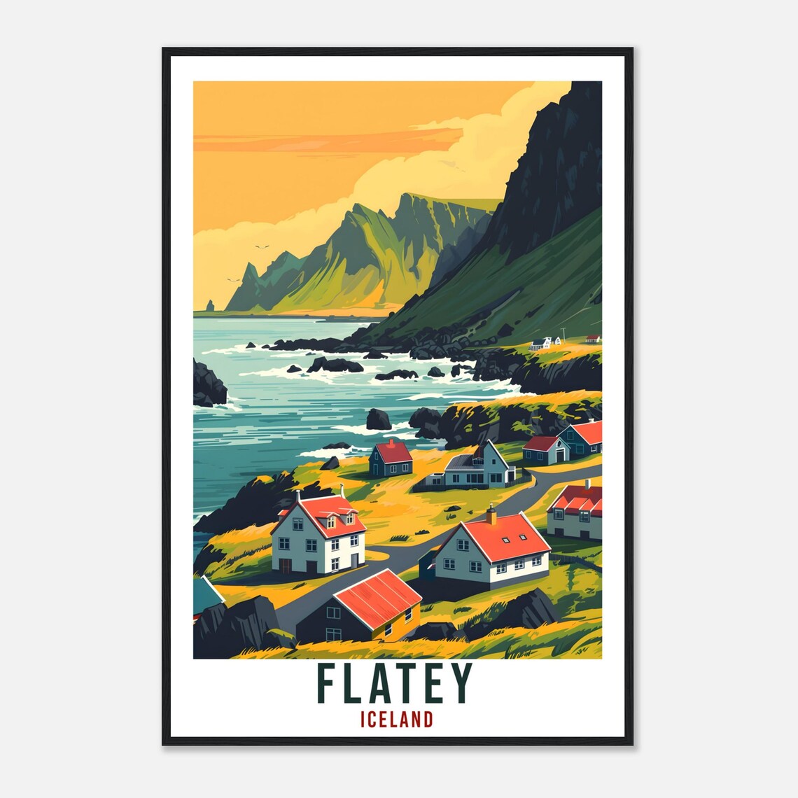 Flatey Iceland Coastal Village Red Roofs Retro Travel Poster - Image 4