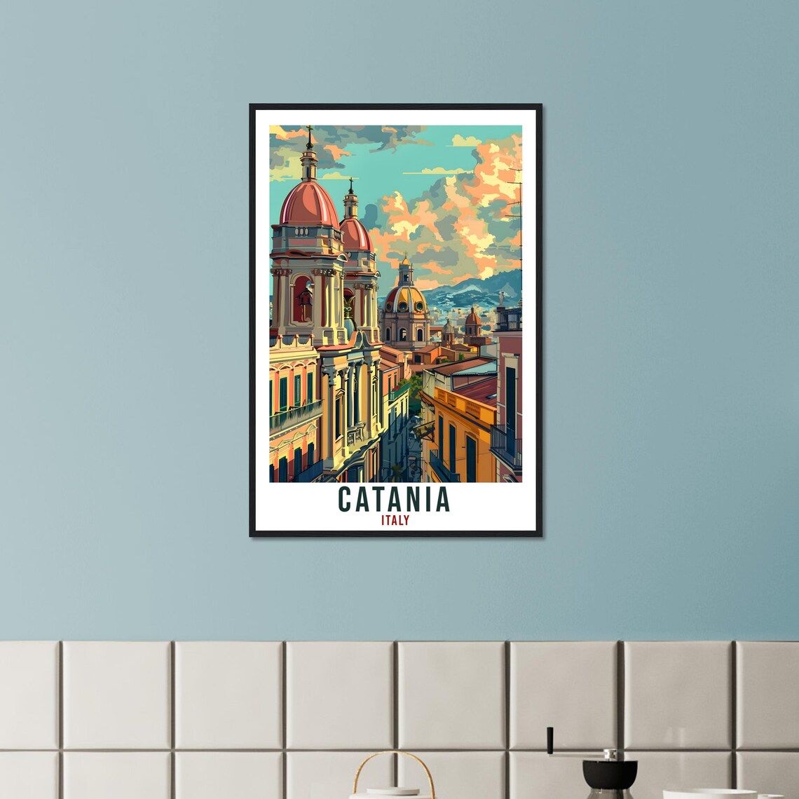 Catania Italy Baroque Church Domes in Golden Sky Travel Poster - Image 2