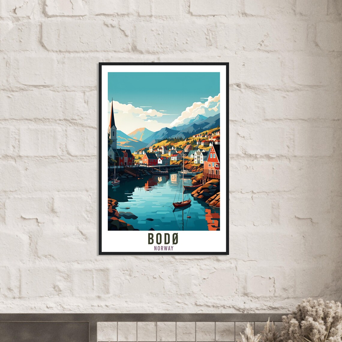 Bodo Norway Harbor Travel Poster Sailboats Fjord Mountain Town - Image 3