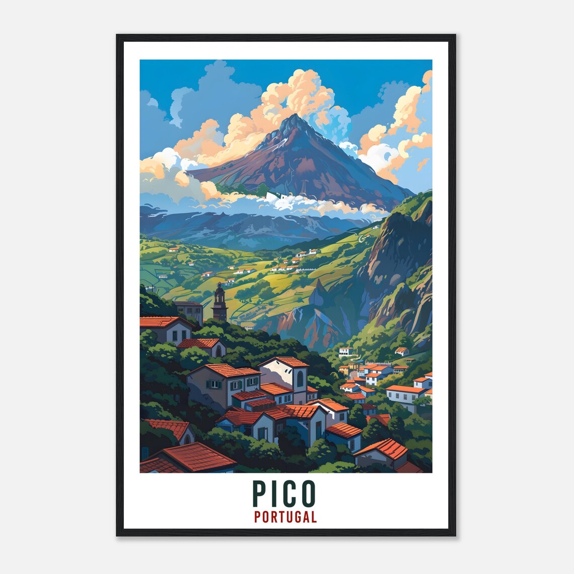 Pico Portugal Volcanic Mountain Village Green Valley Travel Poster - Image 4