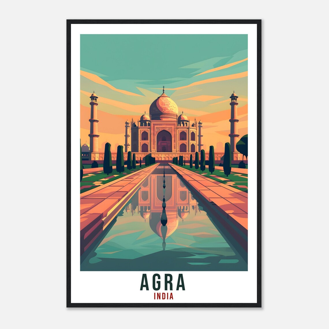 Agra India Taj Mahal Marble Reflection Golden Sunset Travel Poster - Image 4