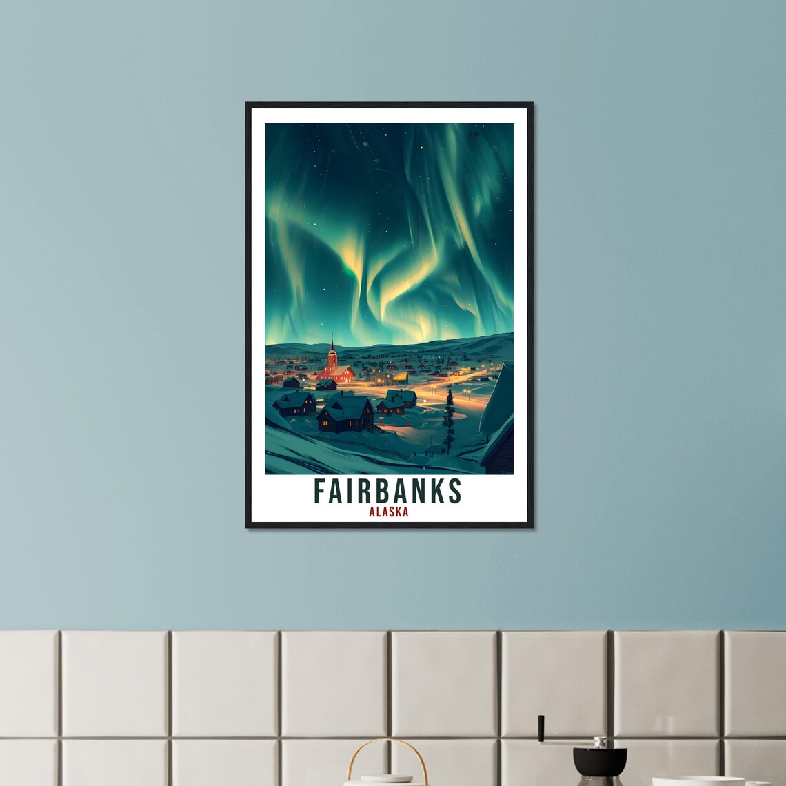 Fairbanks Alaska Northern Lights Snowy Town Winter Night Poster - Image 3