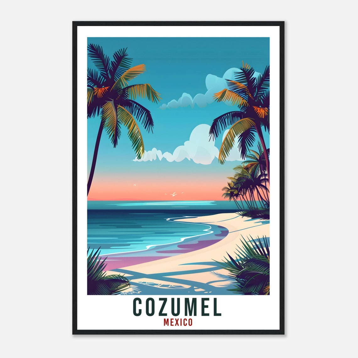 Cozumel Mexico Sunset Beach Tall Palm Trees Retro Travel Poster - Image 4