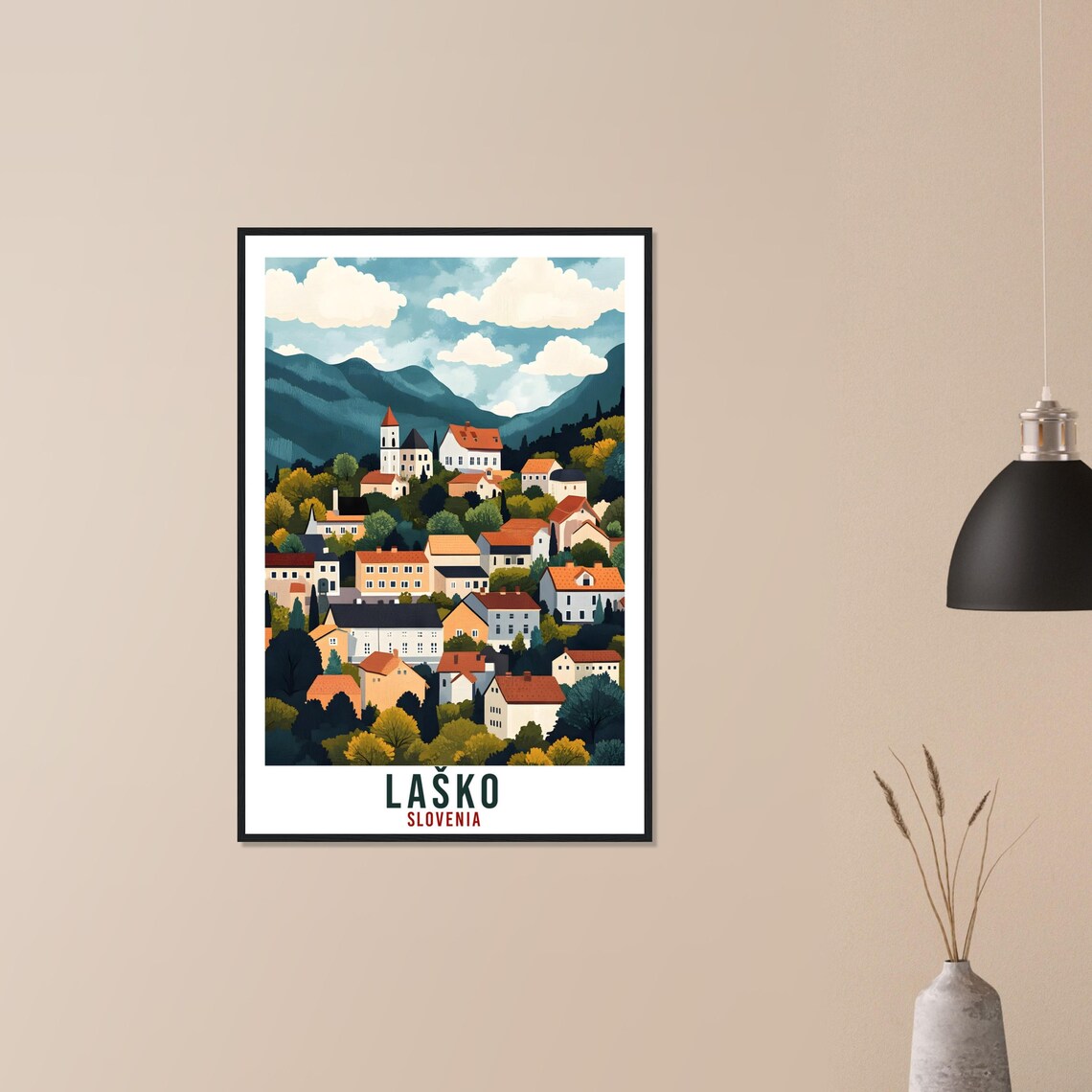 Lasko Slovenia Hillside Town Church Roofs Vintage Travel Poster - Image 3