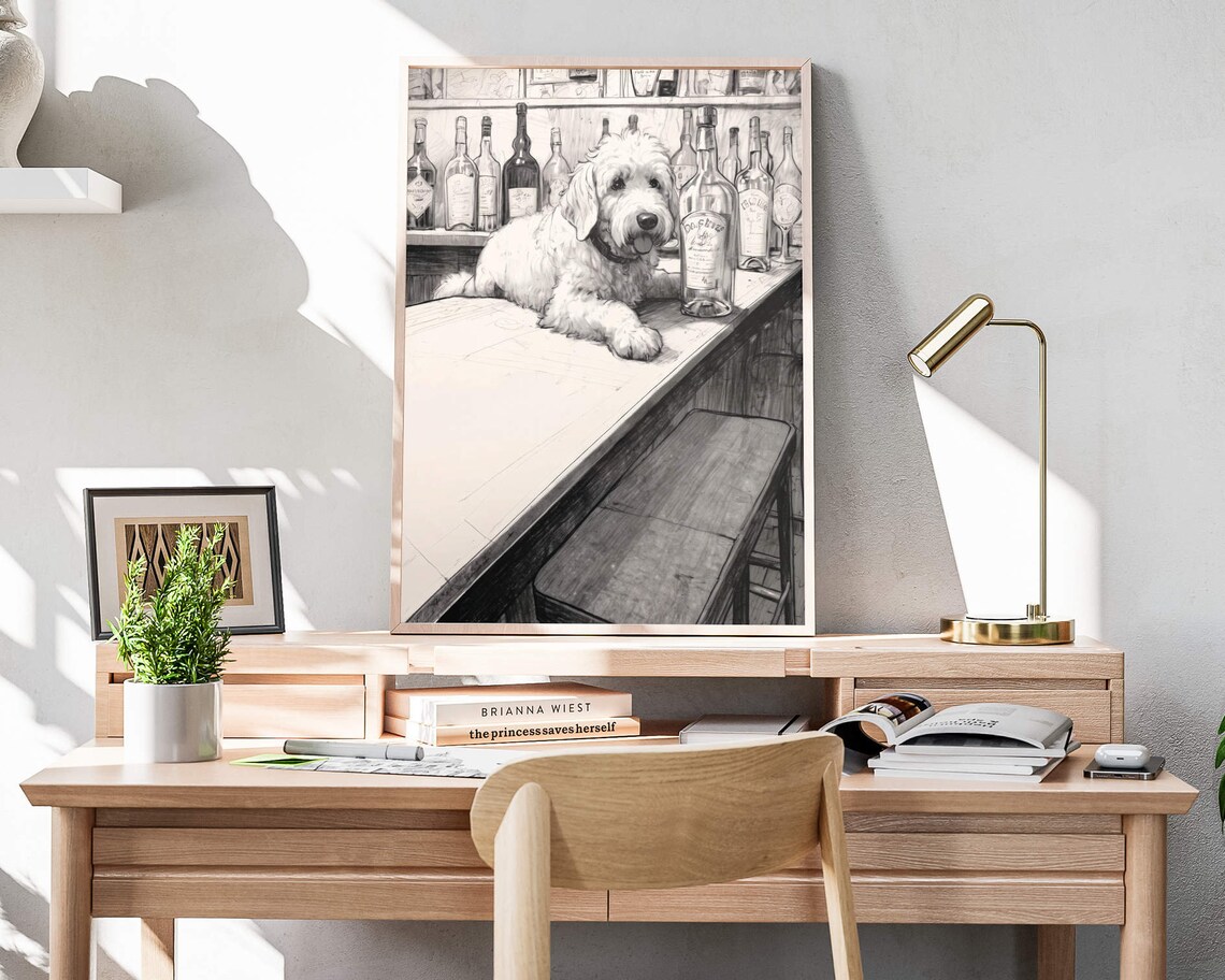 Shaggy Doodle Dog Lying On Bar Counter Black White Sketch Poster - Image 4