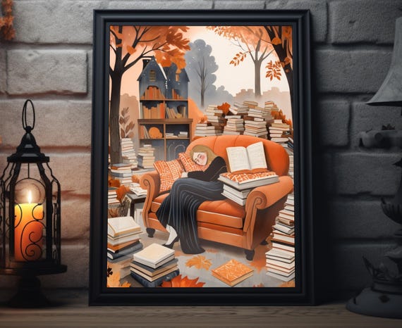 Fall Bookworm Folk Art Poster, Autumn Reading Woman
