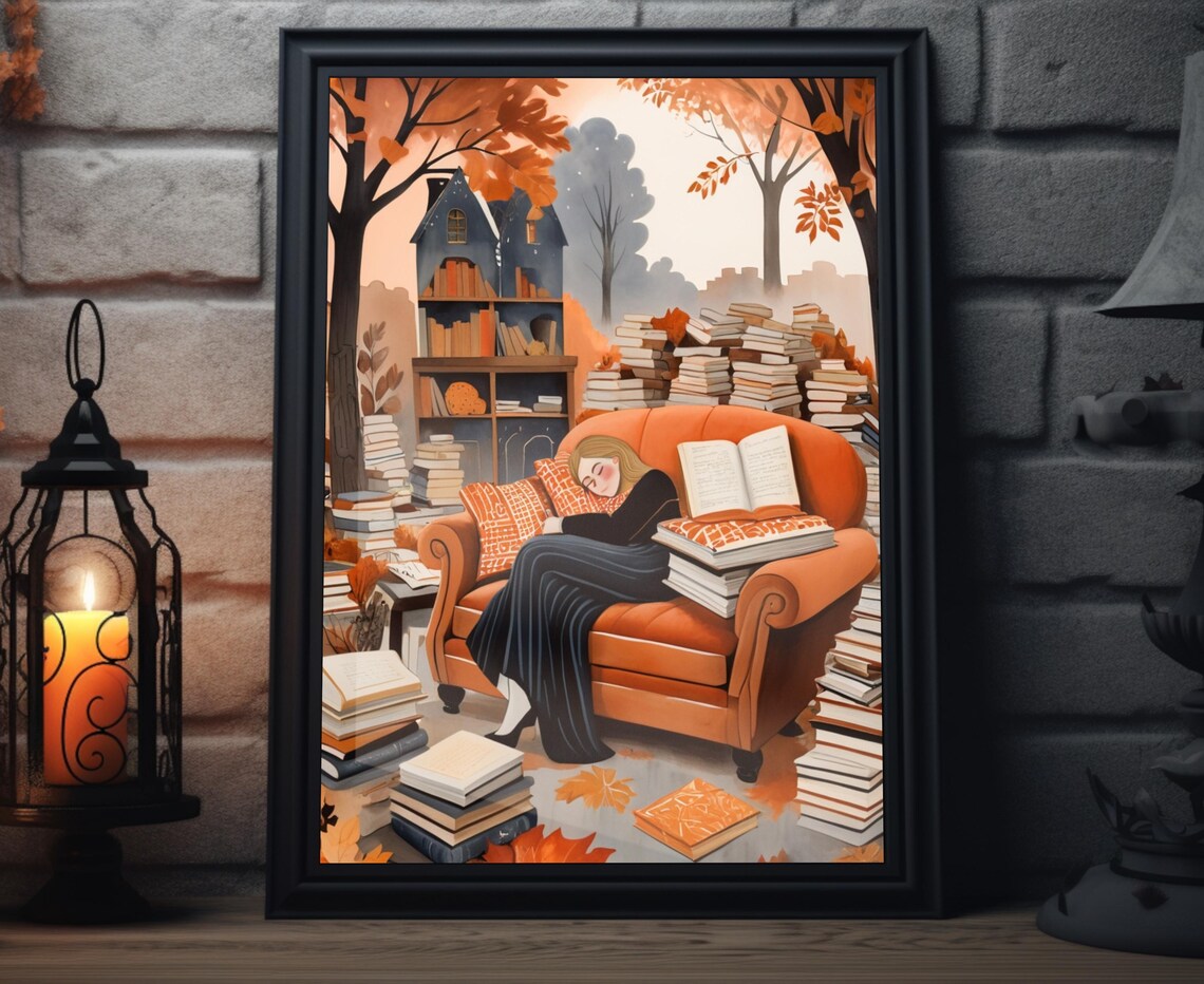 Fall Bookworm Folk Art Poster, Autumn Reading Woman