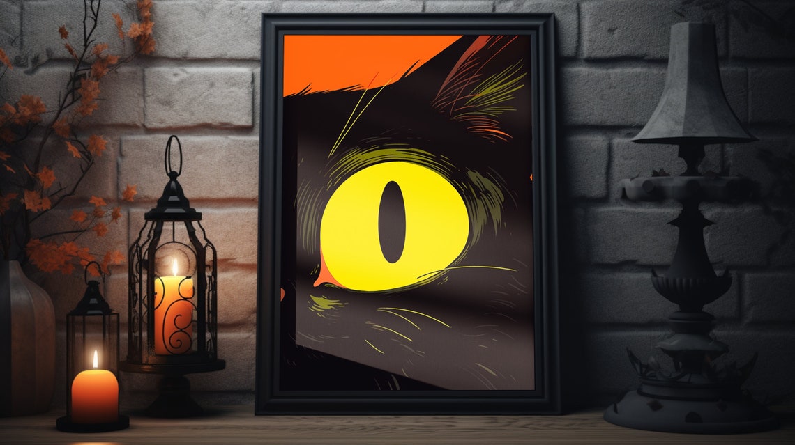 Dramatic Close-Up Black Cat Yellow Eye Halloween Spooky Wall Art