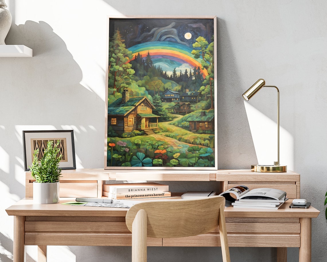 St Patricks Day Moonlit Forest Cabins Rainbow Night Folk Art Poster - Image 4