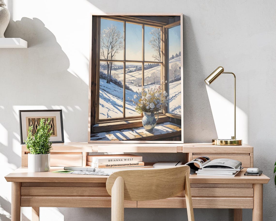Sunlit Snowy Countryside Seen From Open Window Winter Wall Art Poster - Image 4