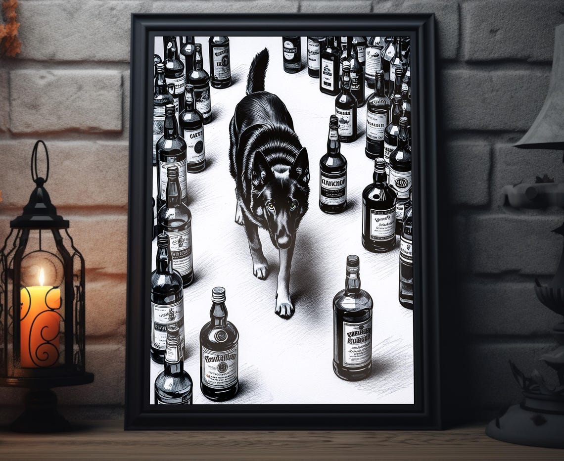 German Shepherd Strolling Past Liquor Bottles Bar Sketch Poster