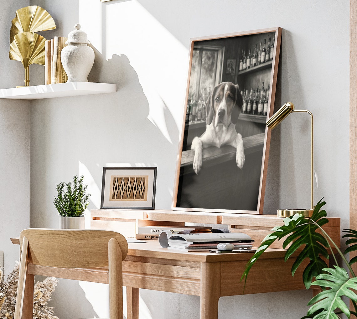 Beagle Leaning Paws Over Bar Counter Bottles Black White Poster - Image 3