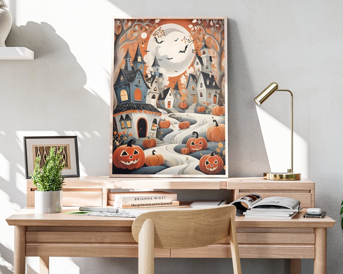 Spooky Haunted Houses Jack O Lantern Full Moon Bats Halloween Poster - Image 4