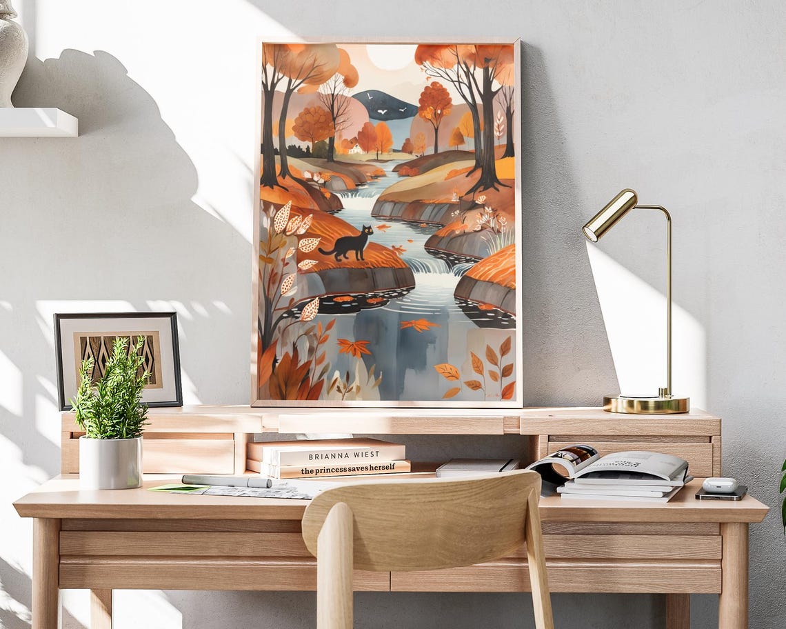 Black Cat Autumn Stream Waterfall Rocks Fall Nature Art Poster - Image 4