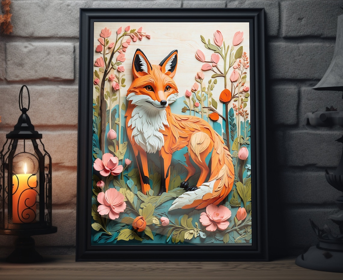 Red Fox 3D Paper Quilling Pink Flowers Blue Background Woodland Poster