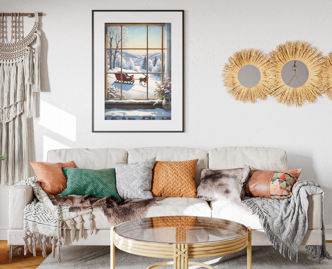 Reindeer Sleigh Ride In Snow Through Window Winter Art Poster - Image 2