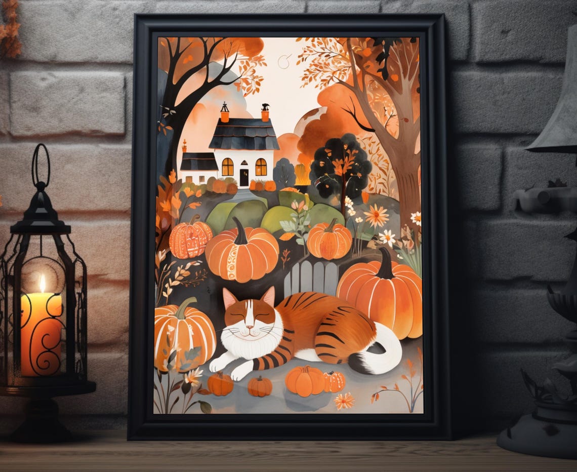 Orange Tabby Cat Pumpkins Cottage Garden Fall Folk Art Poster