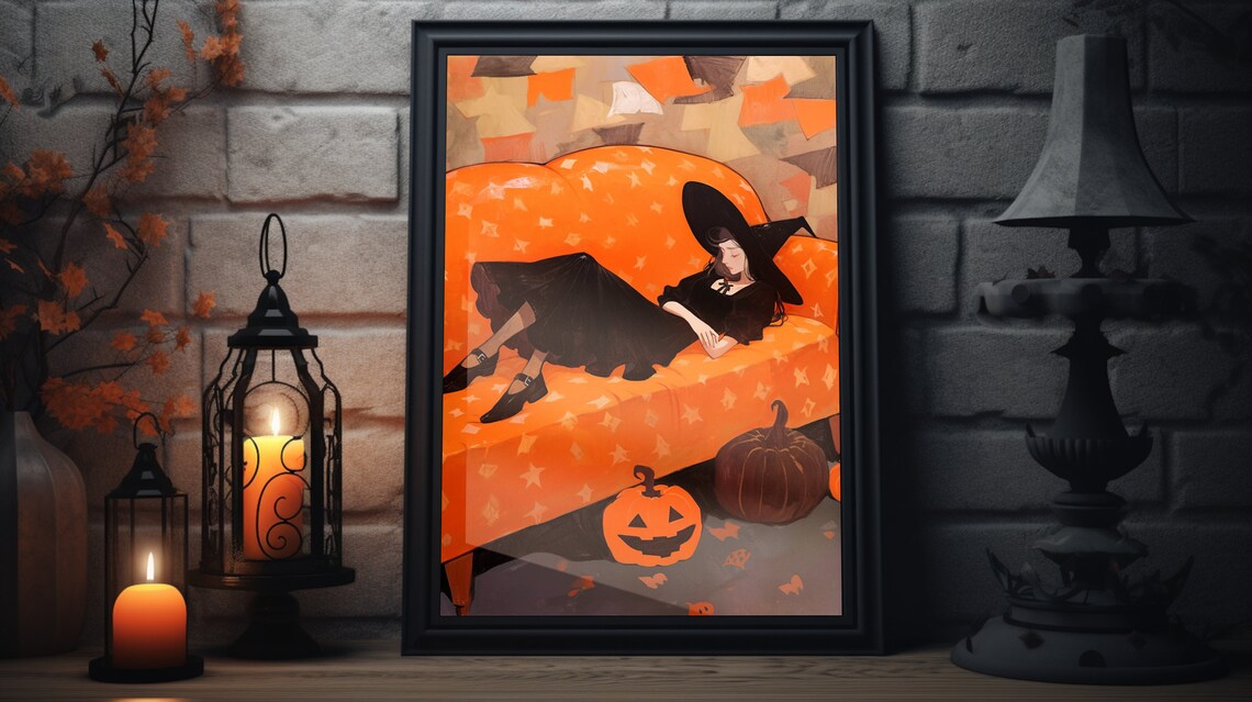 Lounging Witch On Pumpkin Star Couch Jack O Lanterns Halloween Art Poster