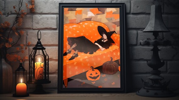 Lounging Witch On Pumpkin Star Couch Jack O Lanterns Halloween Art Poster
