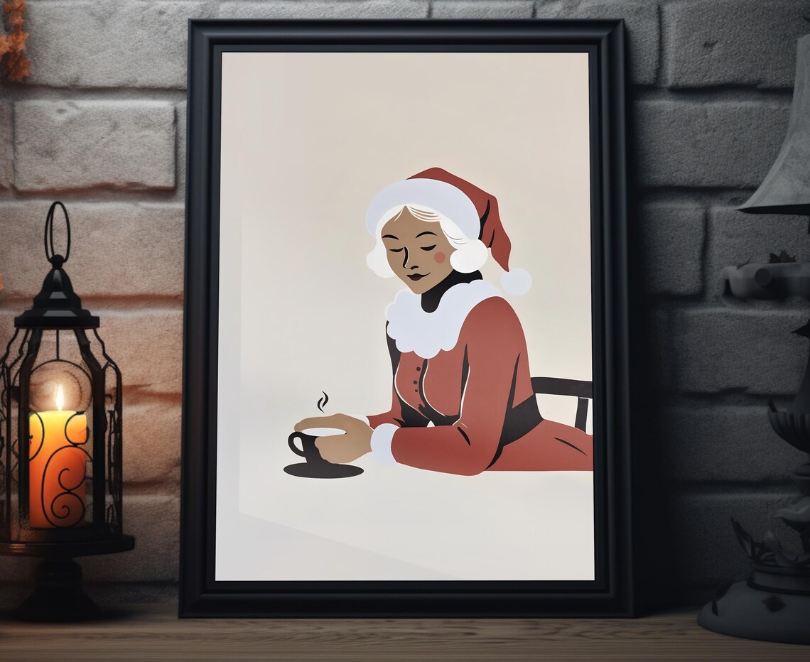 Mrs Claus Coffee Break Minimalist Christmas Holiday Art Poster