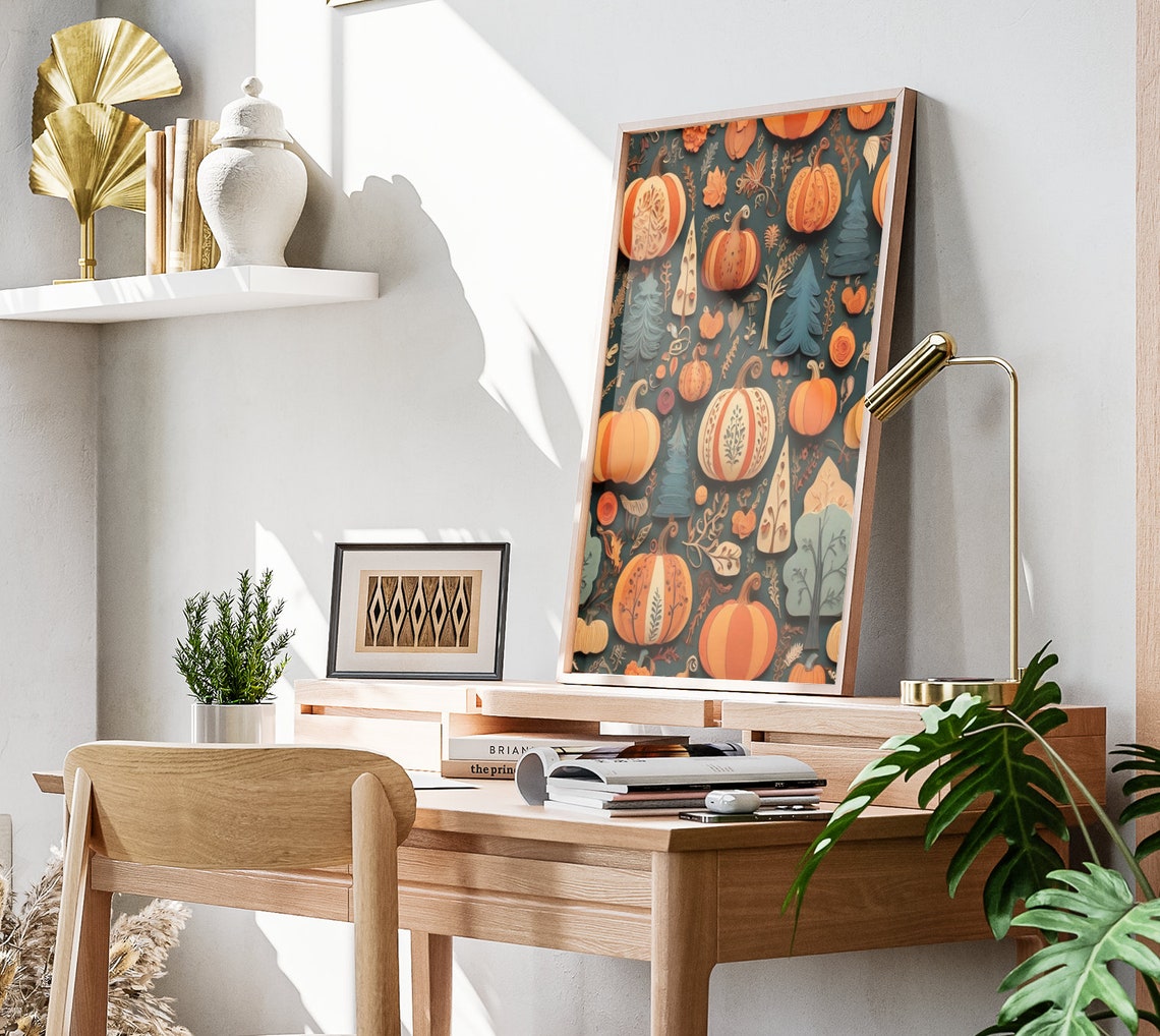 Fall Pumpkin Patch Pattern Teal Orange Autumn Folk Art Poster - Image 3