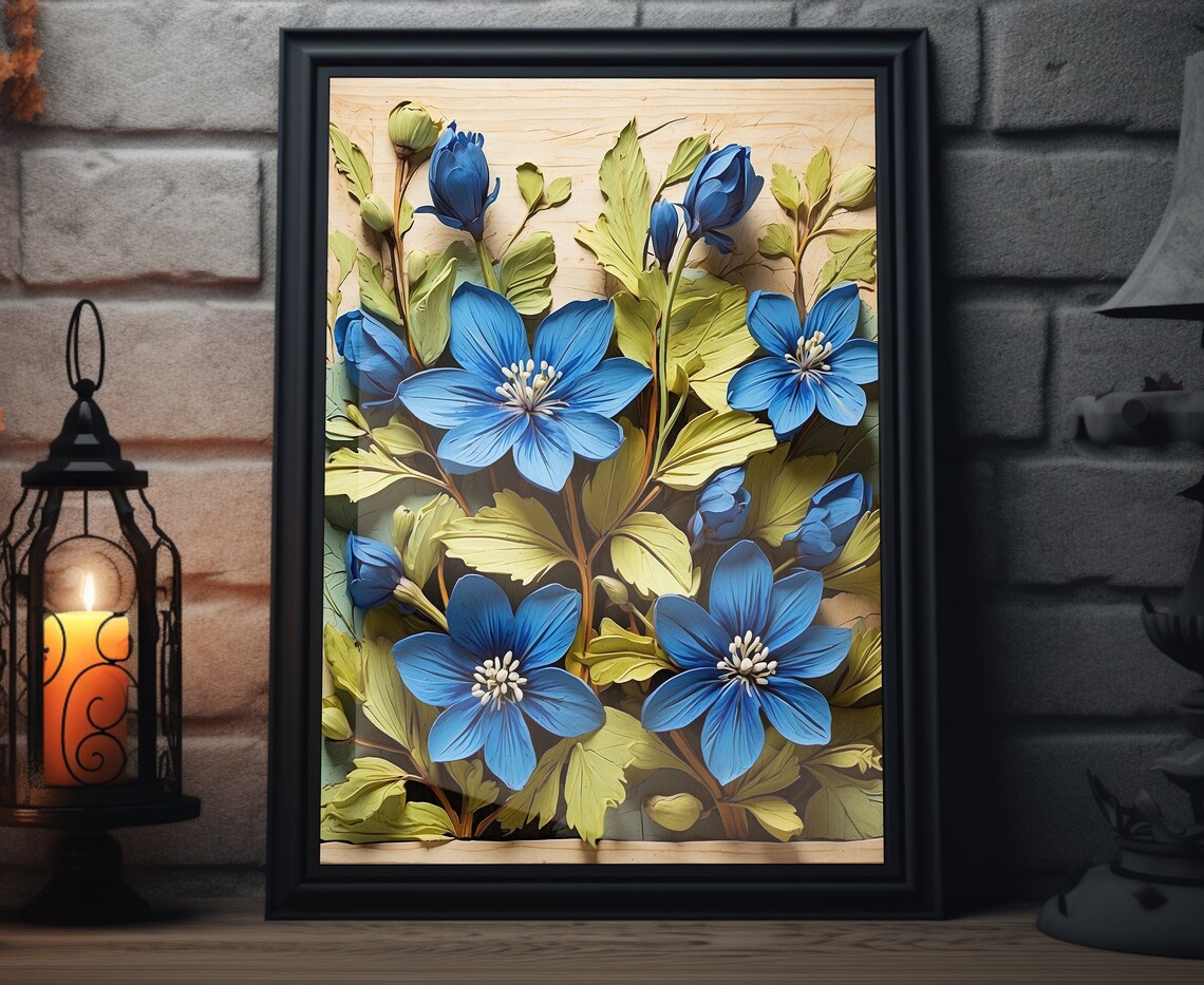 Blue Wildflower Sculpted 3D Blooms Wood Spring Botanical Poster