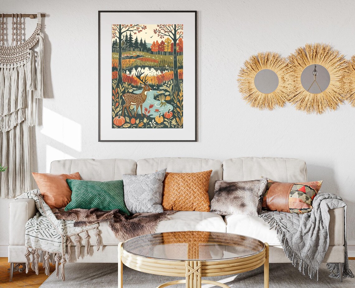 Fall Deer Woodcut Art Print, Autumn Pumpkin Forest - Image 2
