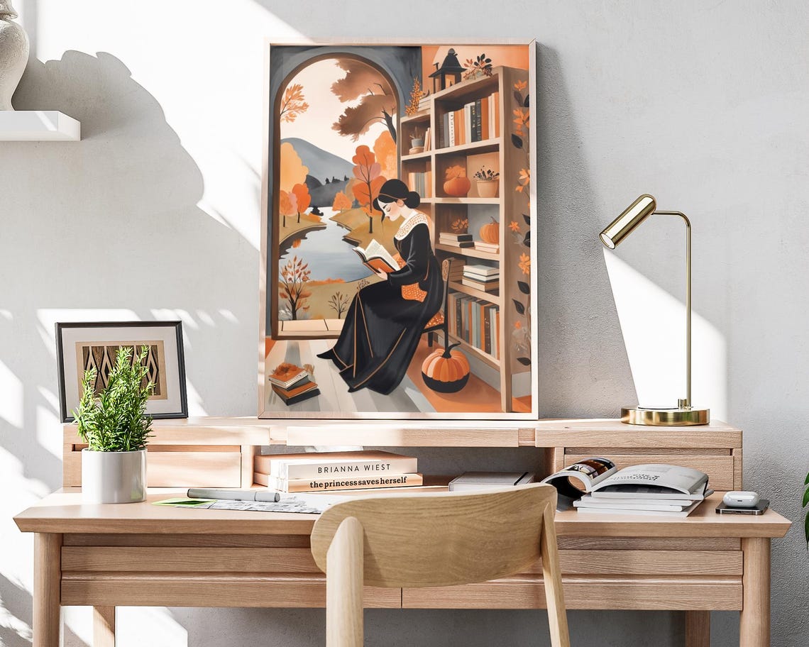 Woman Reading Window Bookshelf Pumpkins River View Fall Poster - Image 4