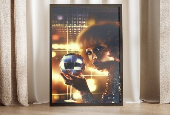 Retro Disco Ball Art Female Poster 70s Art Print Funky Wall Decor Black And White Design Gift For Dance Enthusiast