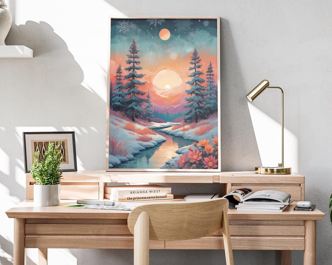 Glowing Winter Sunset Over Snowy Creek Pines Warm Art Poster - Image 4