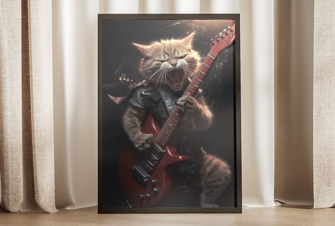 Ginger Rock Star Cat Red Electric Guitar Player Music Art Poster