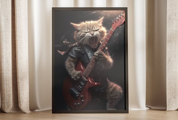 Ginger Rock Star Cat Red Electric Guitar Player Music Art Poster