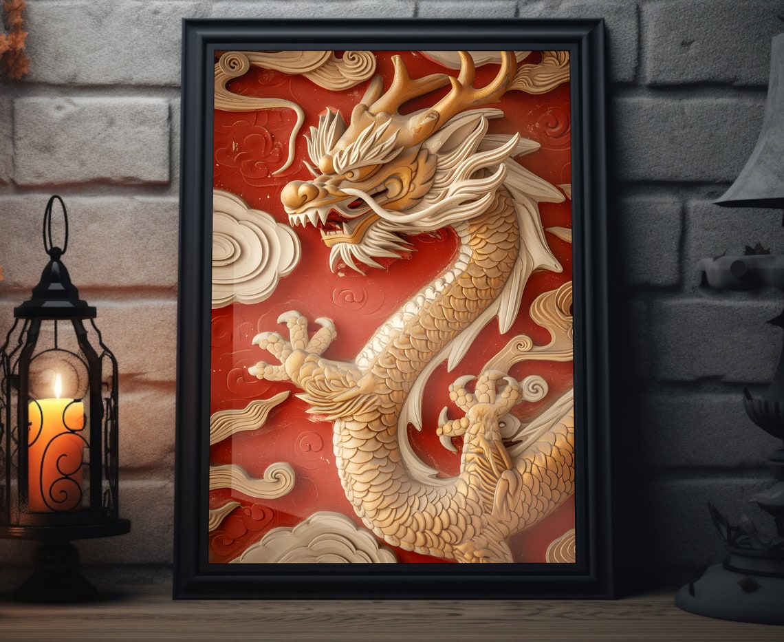 Golden Chinese Dragon Carved Wood Red Background New Year Poster