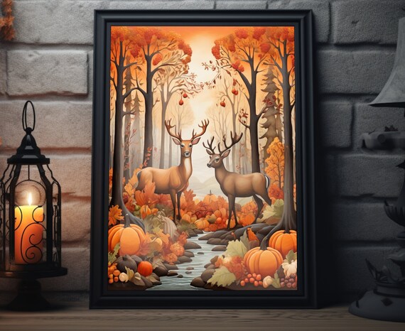 Two Deer Autumn Forest Stream Pumpkins Fall Foliage Art Poster