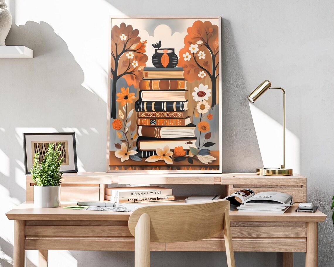 Stacked Books Teapot Autumn Trees Floral Book Lover Art Poster - Image 4